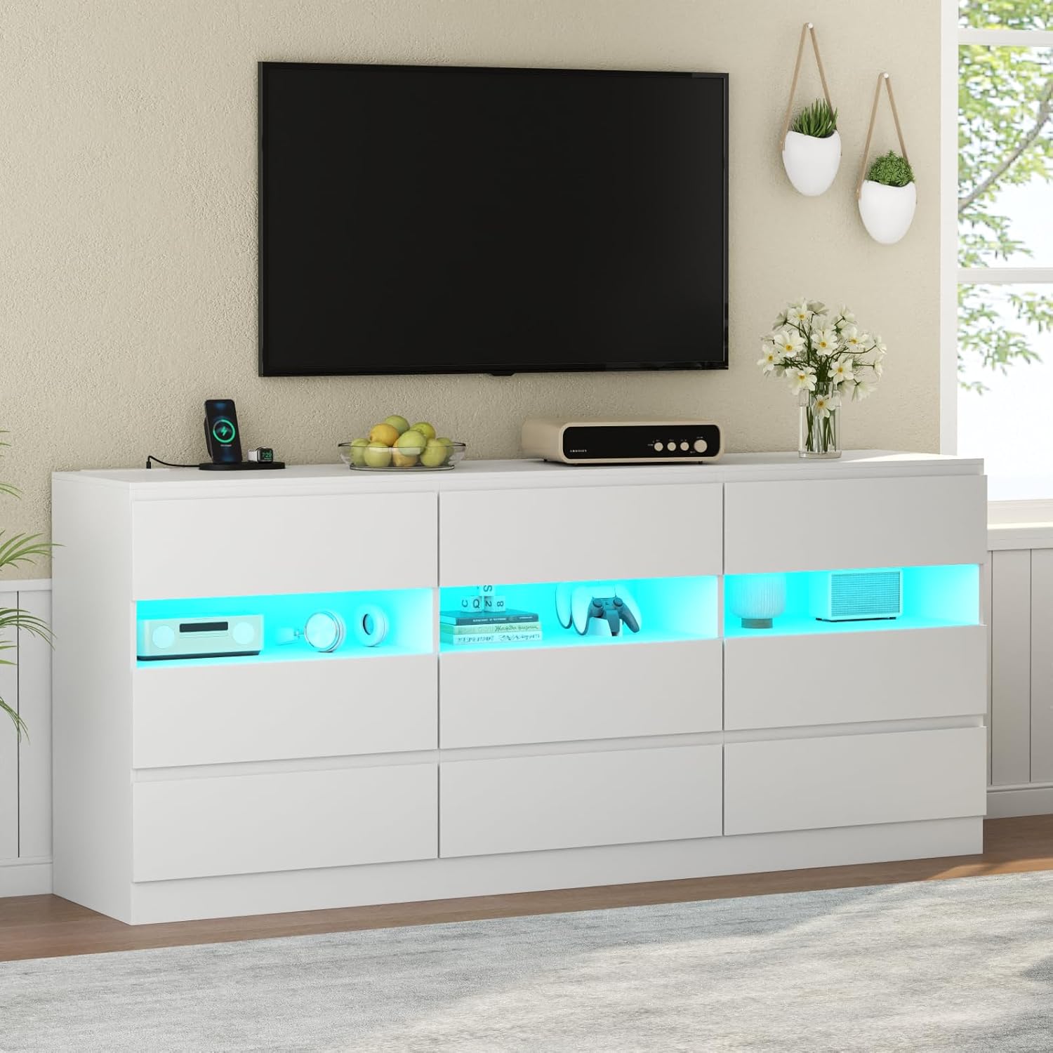 Loomie 9 Drawer Triple Dresser with Charging Station & Led Lights for Bedroom,Long 63" White Dresser TV Stand for TVs up to 75",Wide Large Drawer Dressers Organizer with 3 Open Cubbies for Hallway