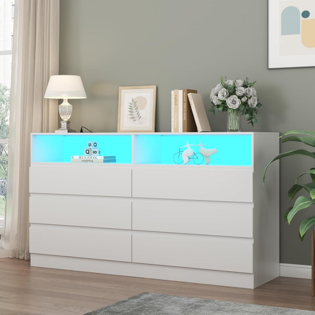 Loomie Drawers Dresser, White Drawer Dresser with Power Outlet, Accent Chests of Drawers with LED Light, Modern Storage Dresser for Bedroom, Living Room (White)