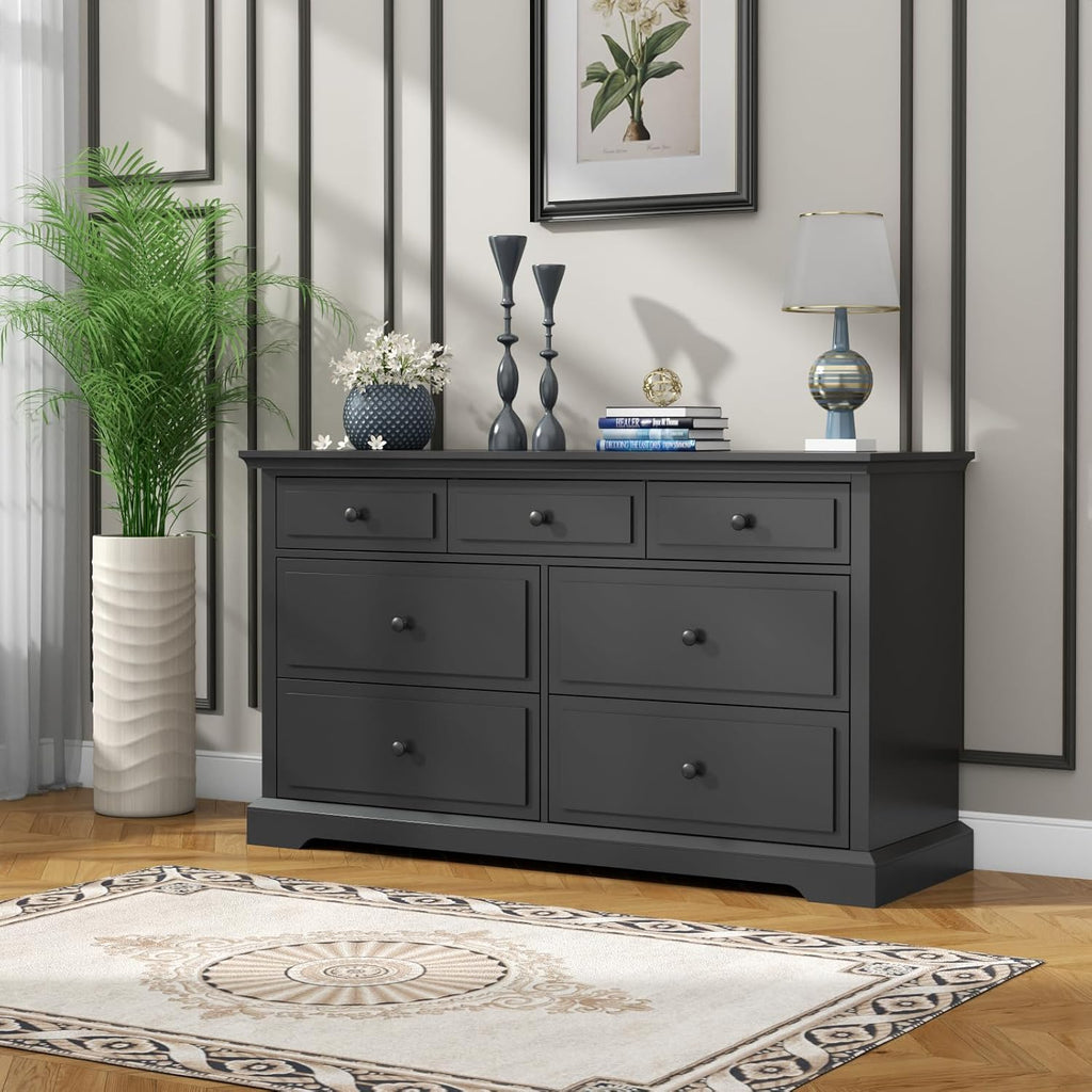Loomie 7 Drawers Black Double Dressers Chests for Bedroom, Large Storage Dresser Organizer for Bedroom, Long Dresser Tv Stand, Vintage Solid Tall Closet Dresserss with Storage for Living Room, Hallway
