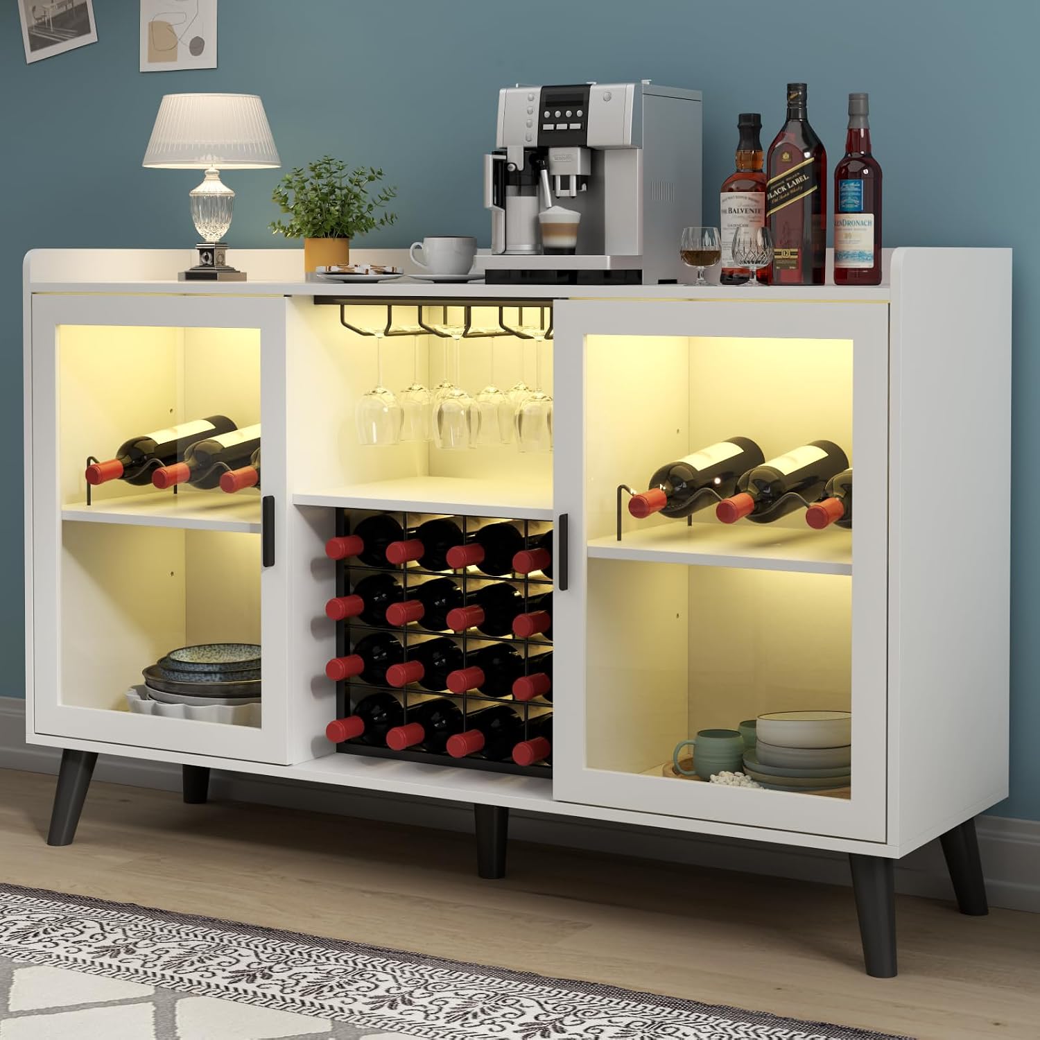 Loomie Wine Bar Cabinet with LED Light, Home Coffee Cabinet with Wine Rack and Glass Holder, Kitchen Buffet Sideboard W Storage Shelf, Freestanding Liquor Cabinet for Living Room, Dining Room (White)