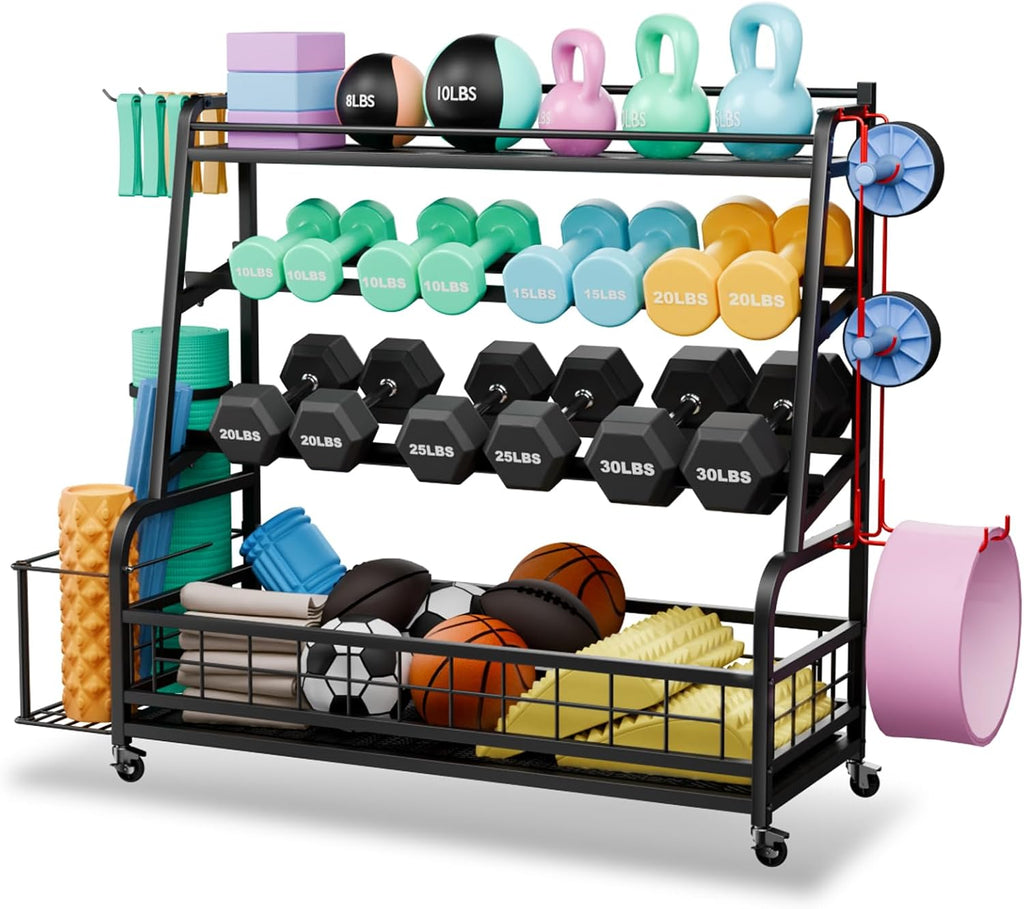 Updated XL Dumbbell Rack Stand, 4-Tier Adjustable Weight Rack for Dumbbells, Heavy Duty Home Gym Storage Rack for Kettlebell,Yoga Mat Holder, Equipment Storage Organizer with Wheels