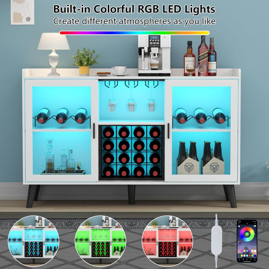 Loomie Wine Bar Cabinet with LED Light, Home Coffee Cabinet with Wine Rack and Glass Holder, Kitchen Buffet Sideboard W Storage Shelf, Freestanding Liquor Cabinet for Living Room, Dining Room (White)