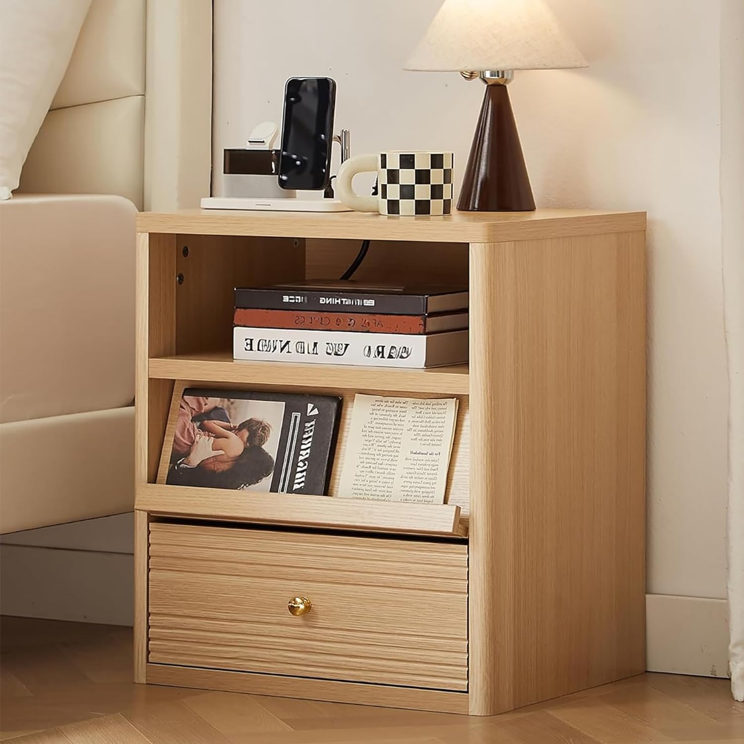 Gyfimoie Nightstand with Charging Station, End Table wiht LED Lights, Bedside Table with 2 Drawer, Night Stand with Open Shelf, Bedside Table for Bedroom