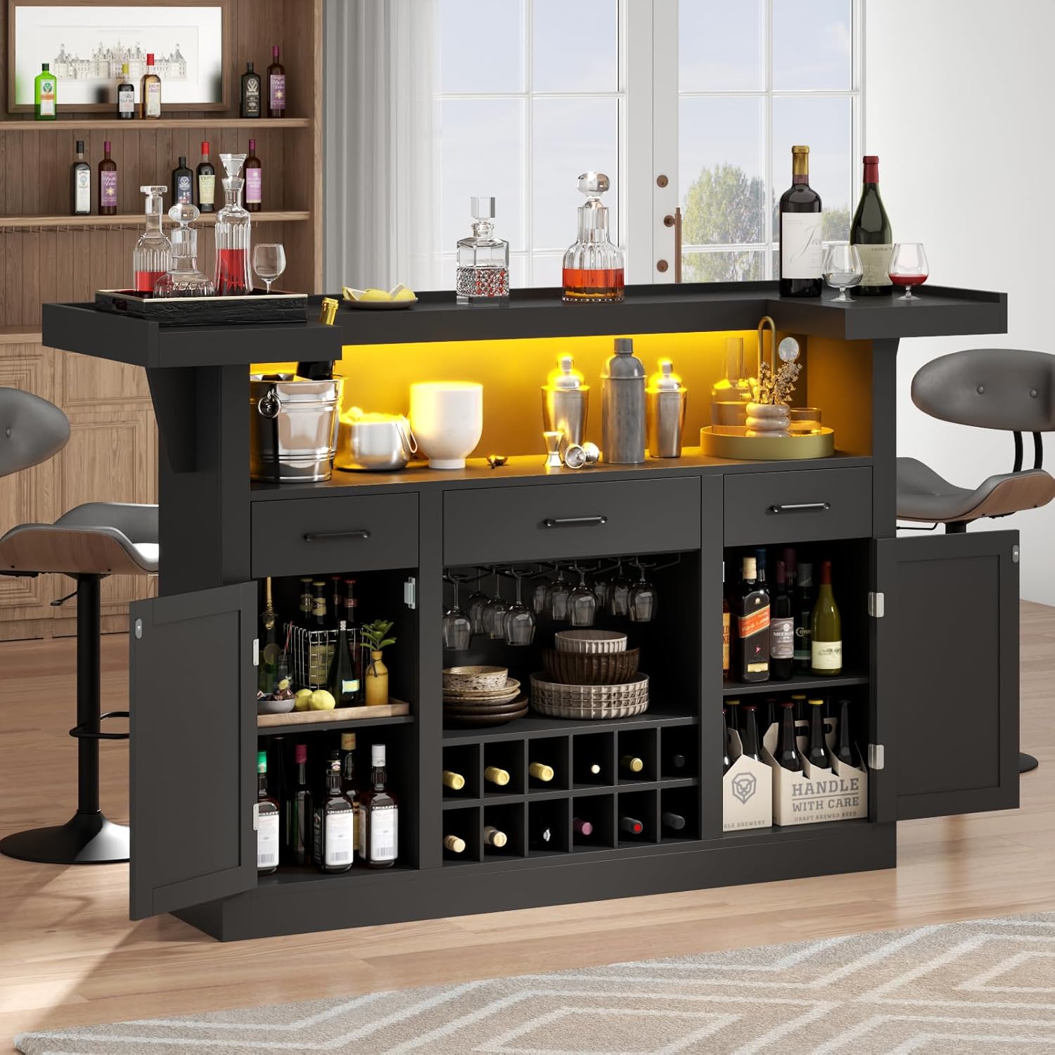 Loomie Bar Table Cabinet with LED & 3 Drawers,Liquor Bar with Adjustable Storage Shelves & Stemware Holders, Crescent Shaped Counter for Home Pub, Wine Alcohol Bar Stand with Door & Wine Rack (Black)