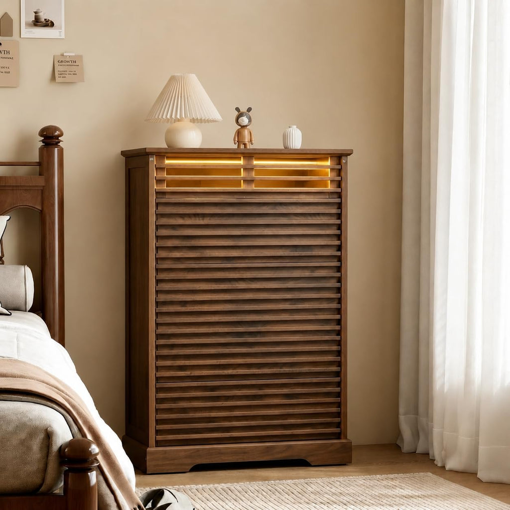 Loomie Farmhouse 5 Drawer Dresser, 46'' Tall Dresser with LED Light, Chest of Drawers with Grille Design & Sturdy Base, Vertical Wood Dresser for Living Room, Apartment, Entryway