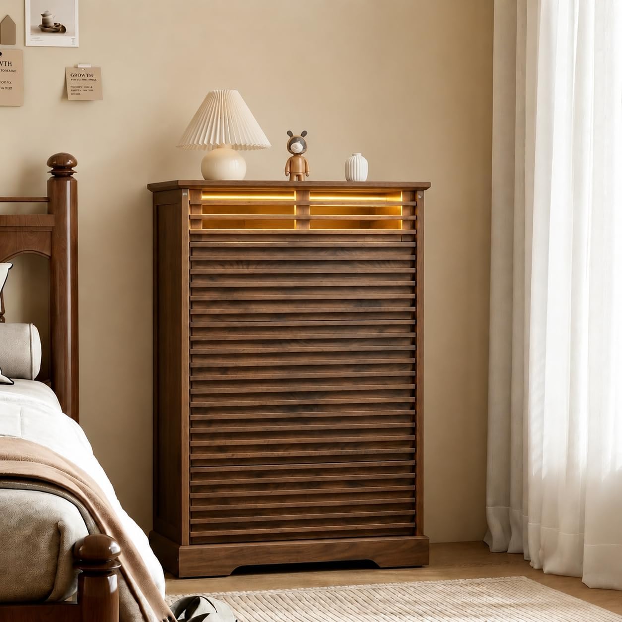 Loomie Farmhouse 5 Drawer Dresser, 46'' Tall Dresser with LED Light, Chest of Drawers with Grille Design & Sturdy Base, Vertical Wood Dresser for Living Room, Apartment, Entryway
