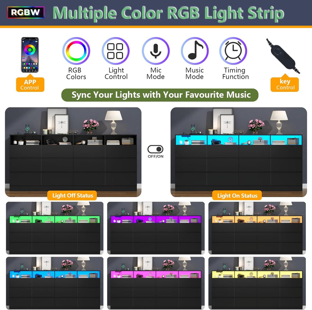Loomie 12-Cell Divided Drawers Black Dresser with Charging Station & Led Lights for Bedroom, Long 63" Wide Dresser TV Stand for TVs up to 75", Large Dressers Organizer with 4 Open Cubbies