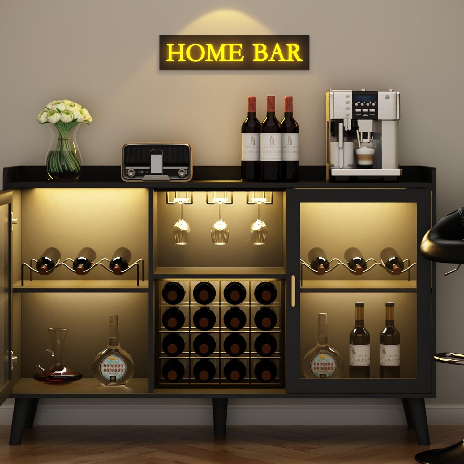 Loomie Wine Bar Cabinet with LED Light, Home Coffee Cabinet with Wine Rack and Glass Holder, Kitchen Buffet Sideboard W Storage Shelf, Freestanding Liquor Cabinet for Living Room, Dining Room (Black)