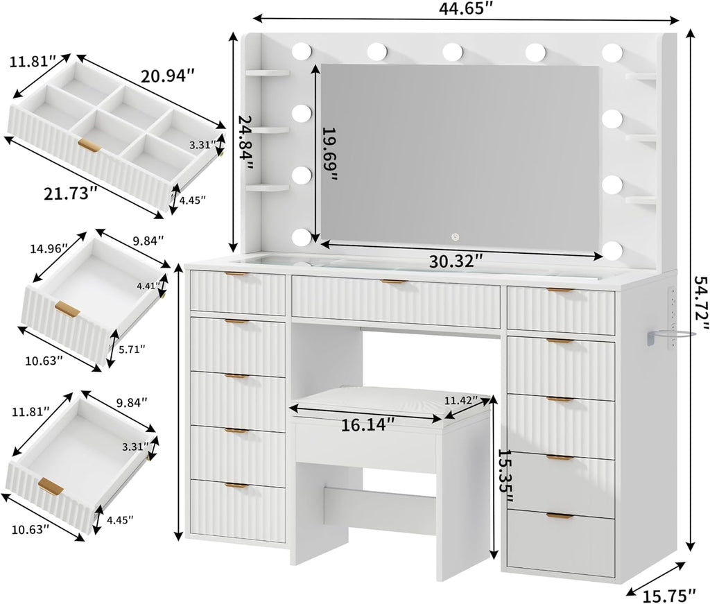 Vanity Desk with Glass Top and 11 LED Bulbs,Makeup table with Large Mirror & Power Outlet,Hair Dryer Holder,Dressing Table with 11 Drawers & Cushioned Stool for Women and Girls,Bedroom (White)
