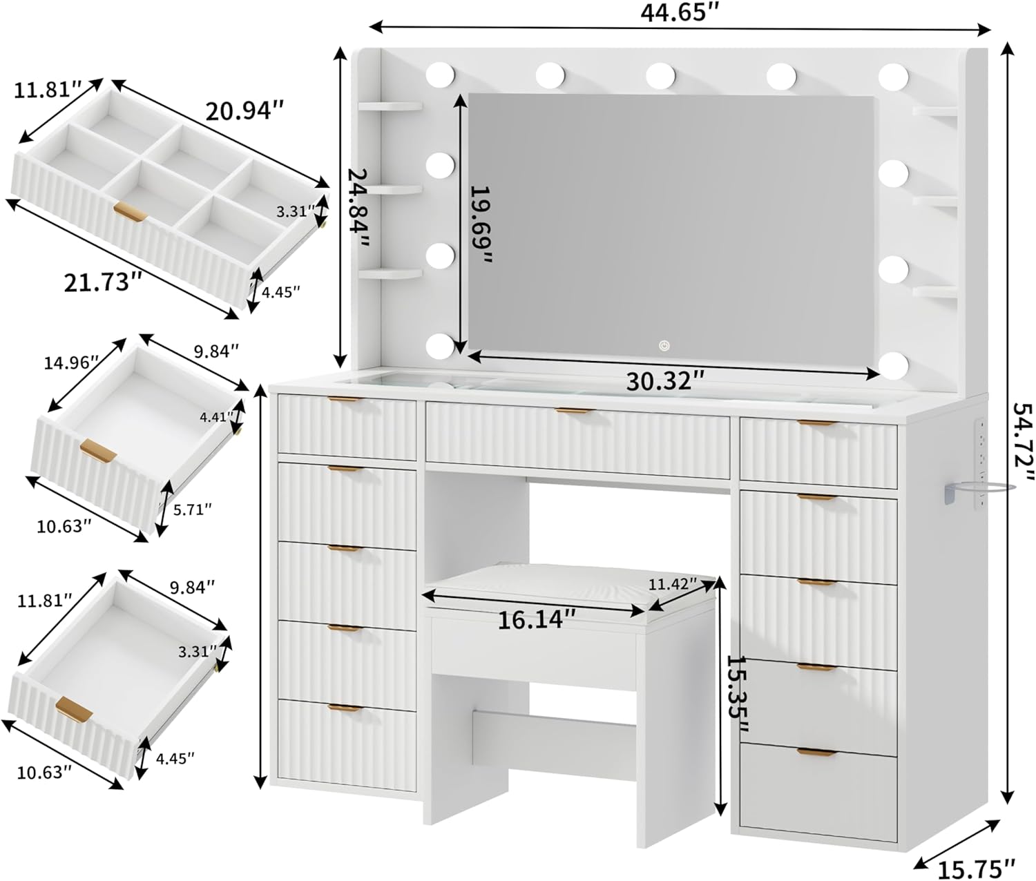 Vanity Desk with Glass Top and 11 LED Bulbs,Makeup table with Large Mirror & Power Outlet,Hair Dryer Holder,Dressing Table with 11 Drawers & Cushioned Stool for Women and Girls,Bedroom (White)