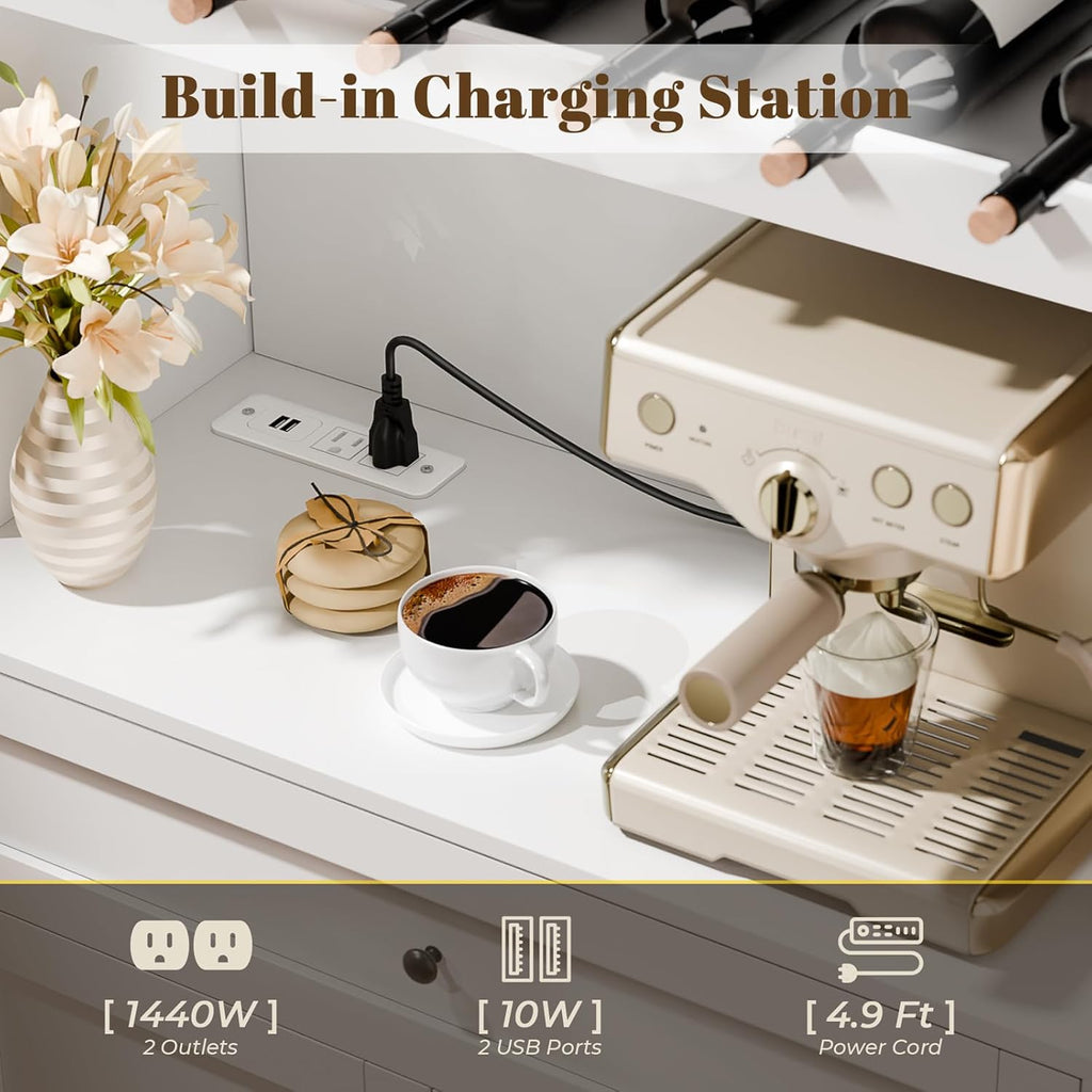 71" Tall Kitchen Pantry Storage Cabinet with 2 Sliding Doors & Outlet,Modern Kitchen Hutch Cabinet with LED Light & Drawers,Wood Food Pantry with Wine Rack & Glass Holder,Cupboard for Dining Room