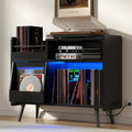 Loomie Large Black Record Player Stand Turntable Stand Shelf with with Power Outlet and LED Light,Vinyl Record Storage Cabinet Up to 350 Albums,Wood Record Player Holder Table for Living Room