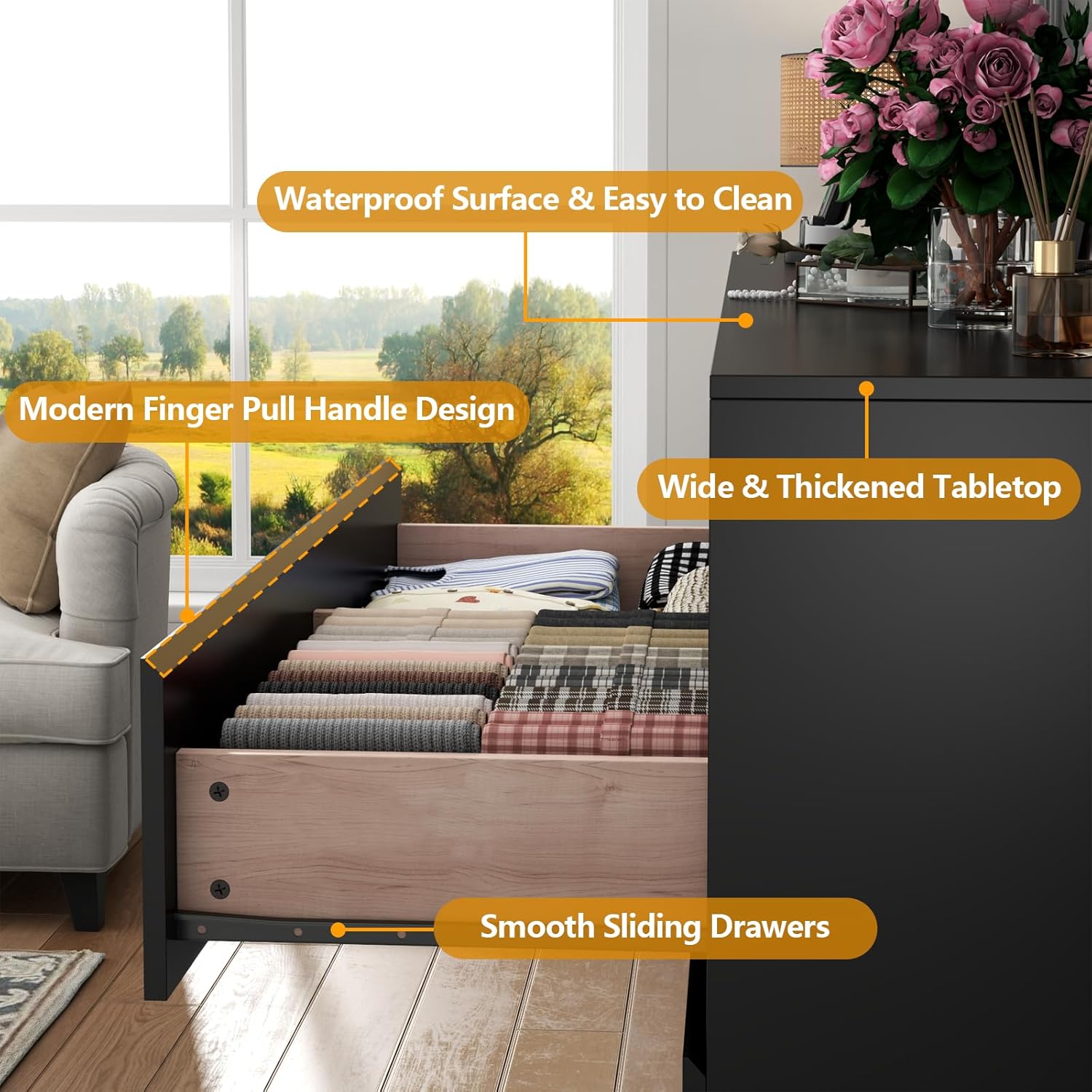 Loomie 12-Cell Divided Drawers Black Dresser with Charging Station & Led Lights for Bedroom, Long 63" Wide Dresser TV Stand for TVs up to 75", Large Dressers Organizer with 4 Open Cubbies