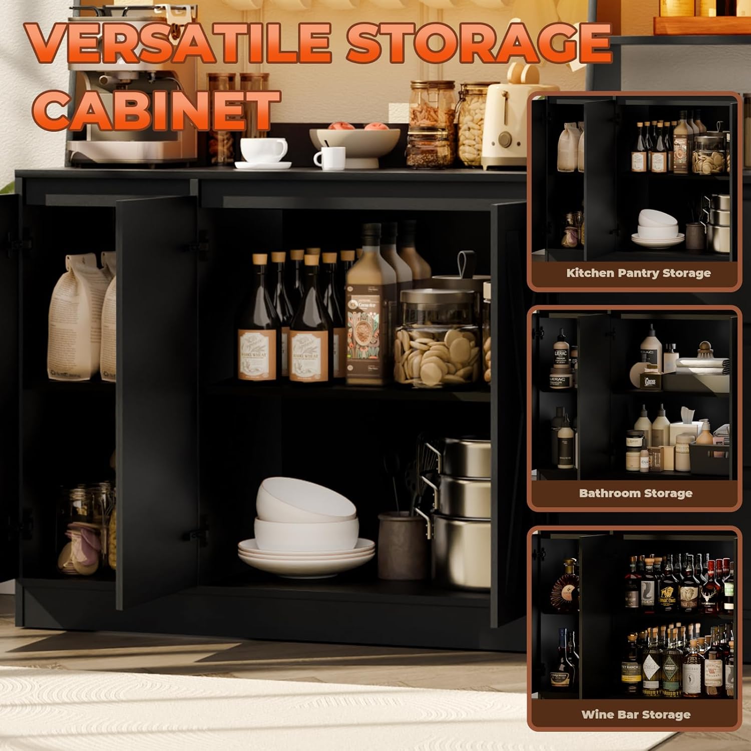 Loomie Farmhouse Sideboard Buffet Cabinet with Storage, 59" Kitchen Storage Cabinet with Power Outlet & LED Light, Coffee Bar w/Microwave Stand & Doors & Drawers & Hooks & Adjusted Shelves (Black)