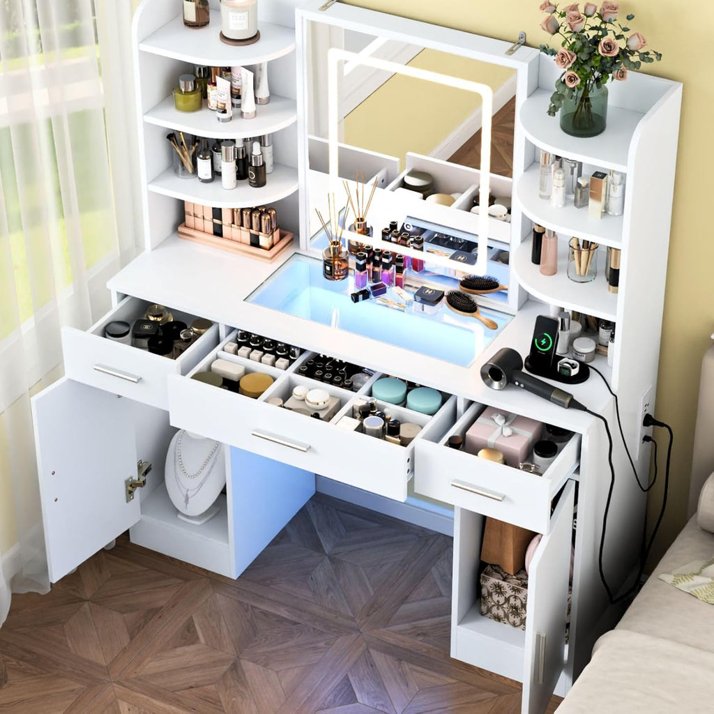 Loomie Vanity Desk with Lighted Mirror & Power Outlet, Makeup Vanity Table with 3 Drawers, 6 Shelves & 2 Cabinets, Tempered Glass Tabletop Dressing Table with LED lights for Bedroom, White (3 Drawers)