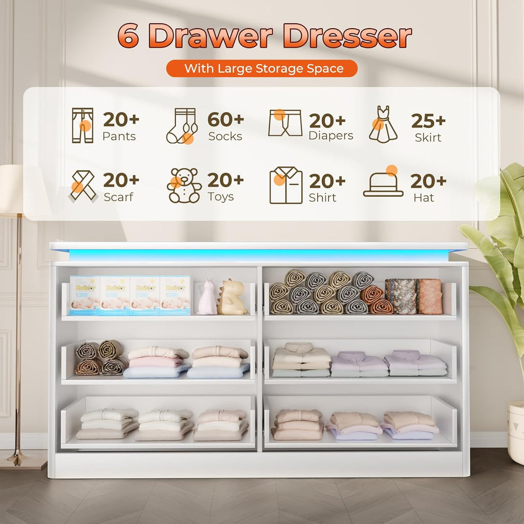 Loomie Upgraded 6 Drawer White Dresser for Bedroom, 47.2" Long Chest of Drawers with Charging Station & LED Lights, Wooden Storage Cabinet Dresser for Closet,Modern TV Stand with Deep Drawers