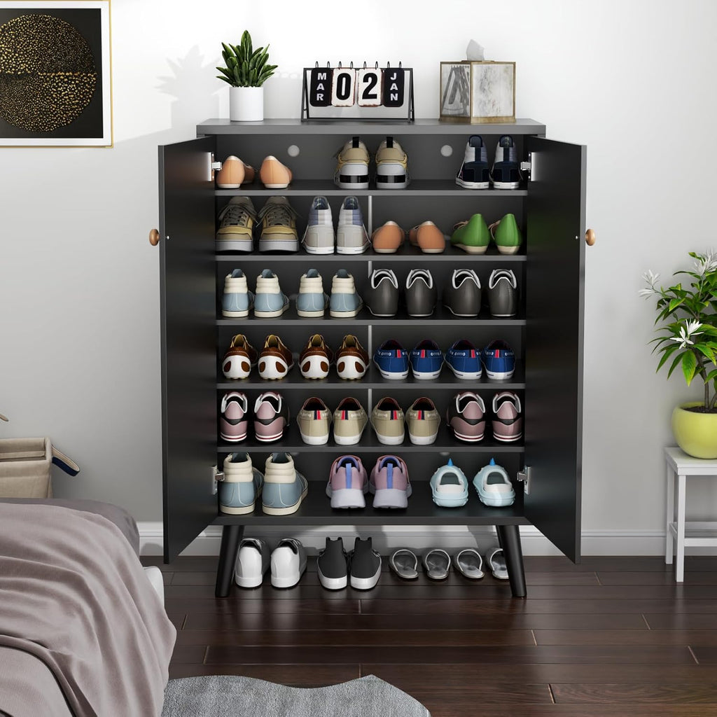 Loomie Rattan Shoe Cabinet, 6-Tiers Shoe Storage Cabinet for Entryway Hallway, 2 Door Accent Cabinet with Adjustable Shelves, 44" H Tall Sideboard Storage Cabinet Closet Living Room (Black)