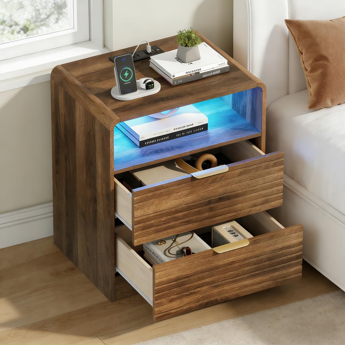 Night Stand with Charge Station Set of 2, Black Nightstand with Led Light, Modern Bedside Table with 2 Drawers and Open Storage Shelf, Fluted End Table for Bedroom, Living Room, Office (2, Black)