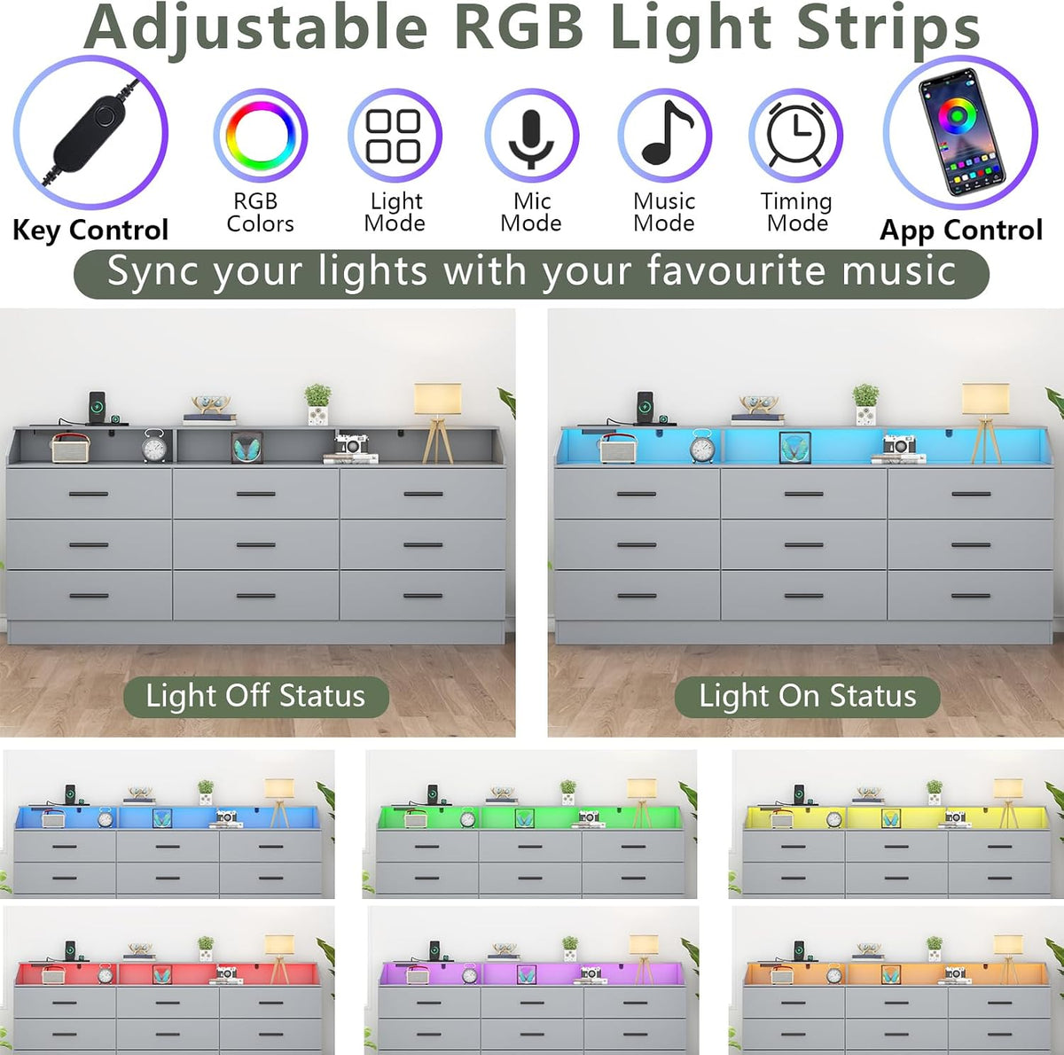 9 Drawer Dresser with Power Outlet, Chest of Drawers with LED Light