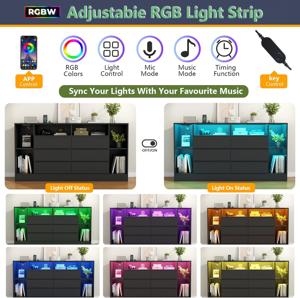 Loomie 6 Drawers Dresser with 6 Open Storage Cubbies, LED Dressers & Chests of Drawers with Power Outlet, 55" Wide Long Dresser for Bedroom, Modern TV Stand with Open Shelf (Black)