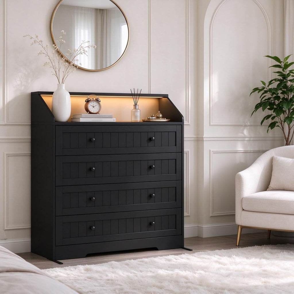 4 Drawer Dresser Bedroom,Chest of Drawers with Charging Station(Black)