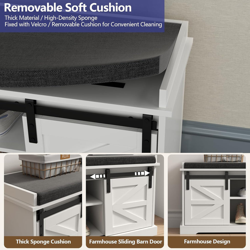 Loomie Shoe Storage Bench, 2-Tier Farmhouse Entryway Bench with Sliding Barn Door Storage Cabinets & Full Soft Removable Seat Cushion, Silm Shoe Rack with Shoe Cabinet for Entryway, Hallway, Bedroom
