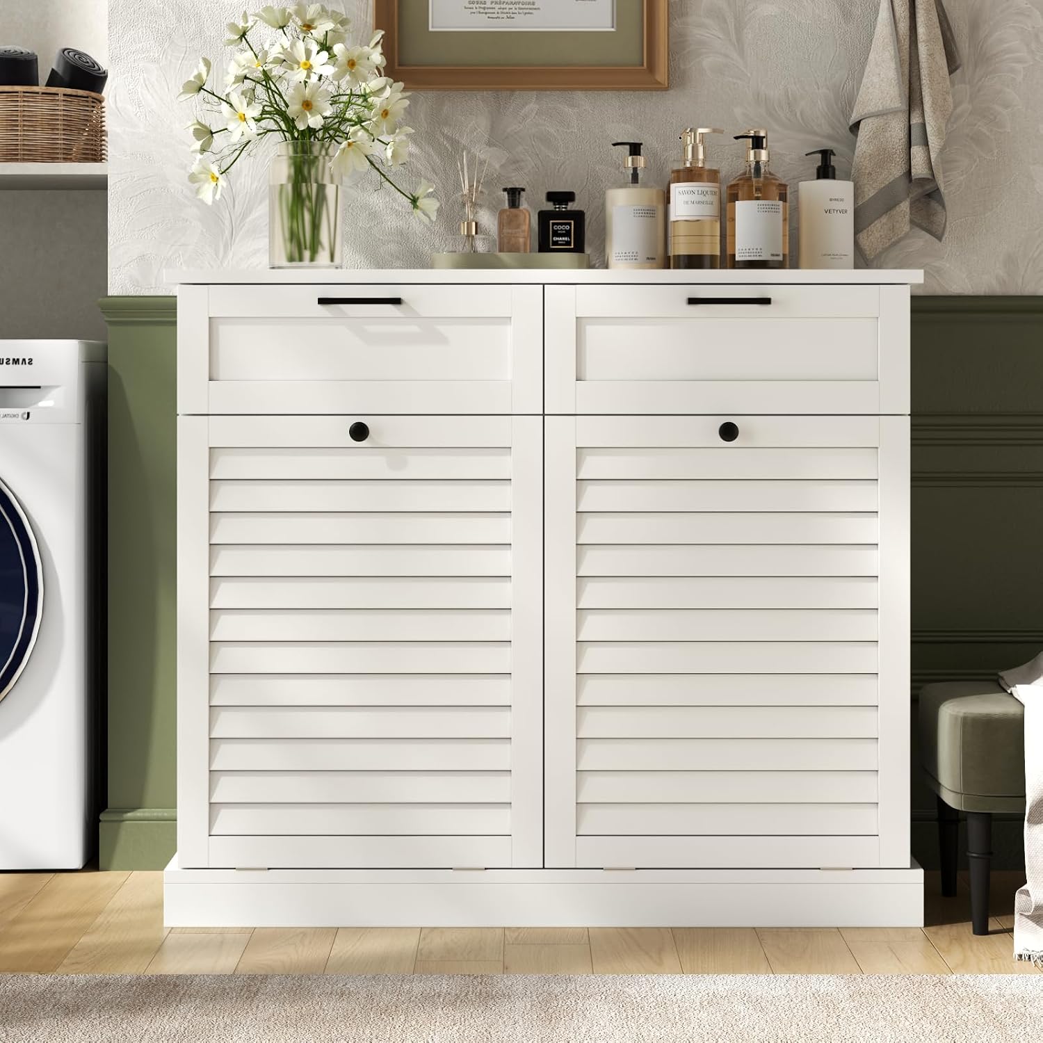 Double Tilt Out Laundry Hamper Cabinet, 30 Gallon Trash Can Cabinet with Shutter Front & 2 Drawers, Hidden Garbage Can Bin Cabinets with 2 Laundry Storage Basket for Bathroom, Kitchen (White, Full)