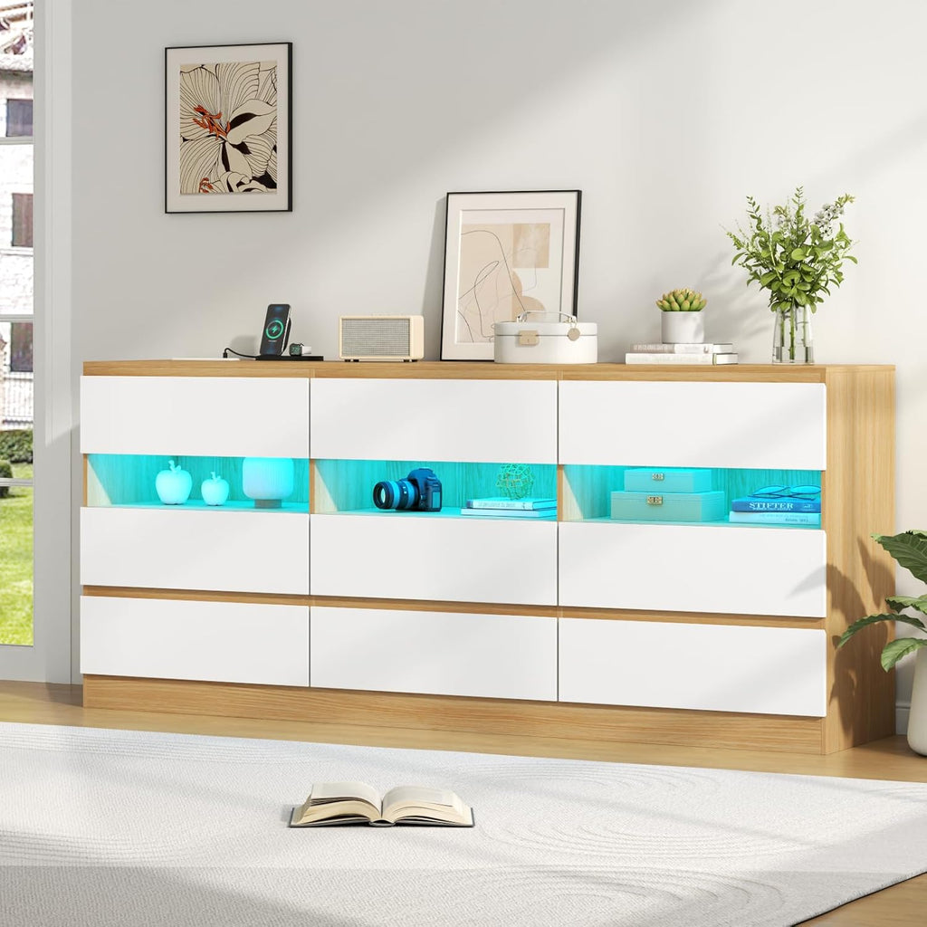 Loomie 63" Wide 9-Drawer Dresser with Charging Station & LED Lights, TV Stand for TVs up to 75", Deep Storage with 3 Cubbies,Wooden Dressers & Chest of Drawers, Modern Long Dressers for Closet,Hallway