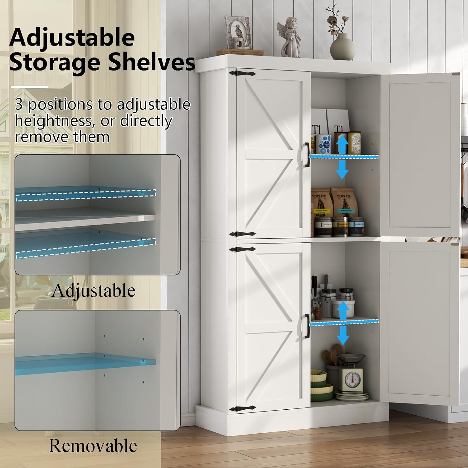 Farmhouse Kitchen Pantry Cabinet,69.1" Tall Kitchen Storage Cabinet with Adjustable Shelves,Modern Bathroom Storage Cabinets,Freestanding Floor Cabinets Cupboard for Living Room,Dining Room (White)