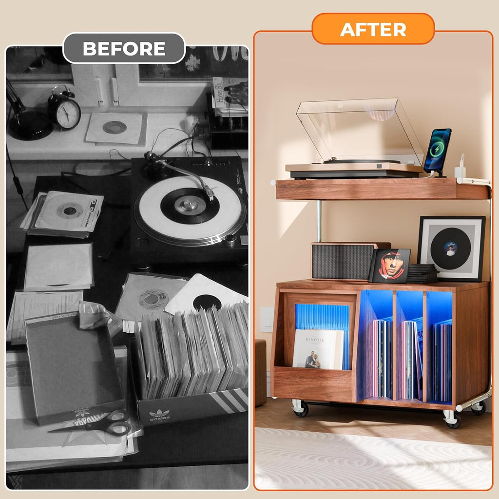 Large Record Player Stand with Sliding Door and Wheels,200 Vinyl Record Storage Cabinet, Record Player Table with Power Outlet & LED Light,Turntable Stand with Wood Legs for Living Room,Bedroom