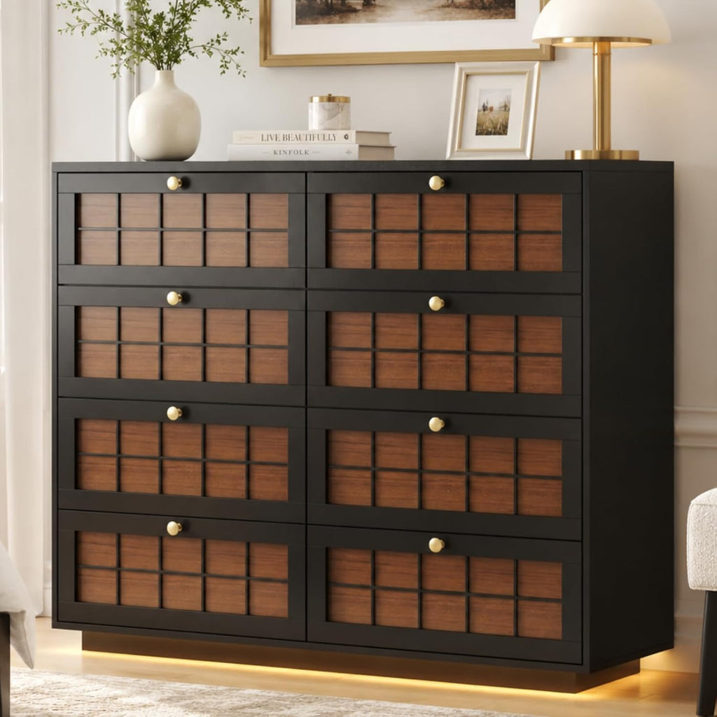 Floating 8 Drawer Dresser for Bedroom, LED Chest of Drawers with Charging Station, Brown Plaid Fronts & Gold Metal Knobs, Modern Dresser TV Stand Storage Organizer for Living Room Hallway Closet