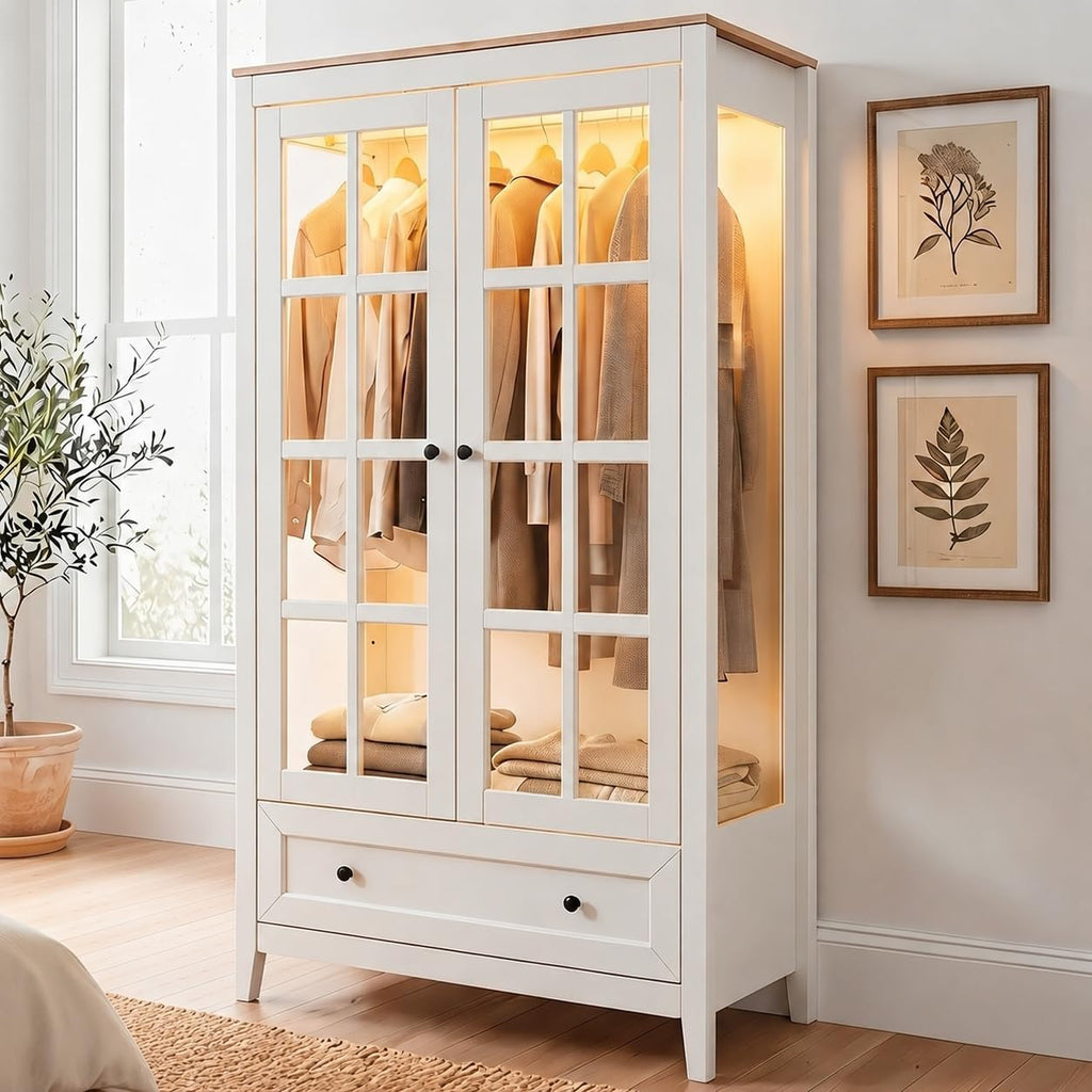 LED Armoire Wardrobe Closet with Glass Doors & Drawer, 55" Bedroom Armoire