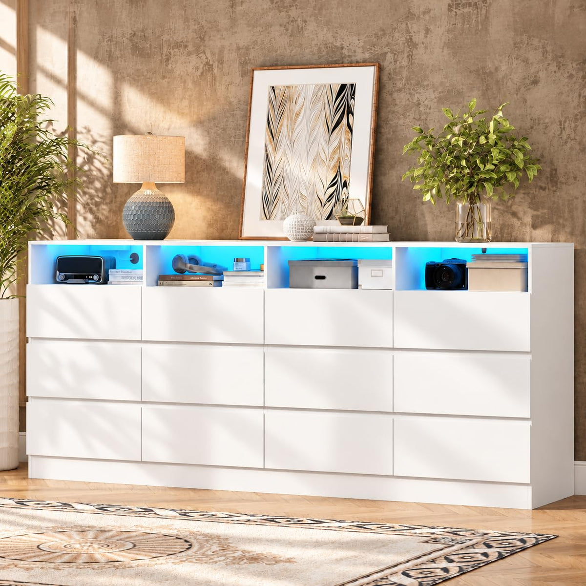 63"Wide 9 Drawer Dresser for Bedroom with LED Lights & Power Outlet