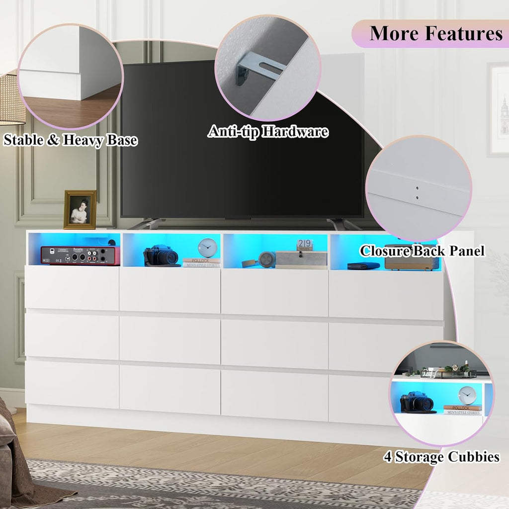 Gyfimoie 6-Drawer Dresser with Divided Compartments, Charging Station & LED Lights, 63" Wide TV Stand for TVs up to 75", Large Organizer with 4 Open Cubbies (White, 6 Drawers)