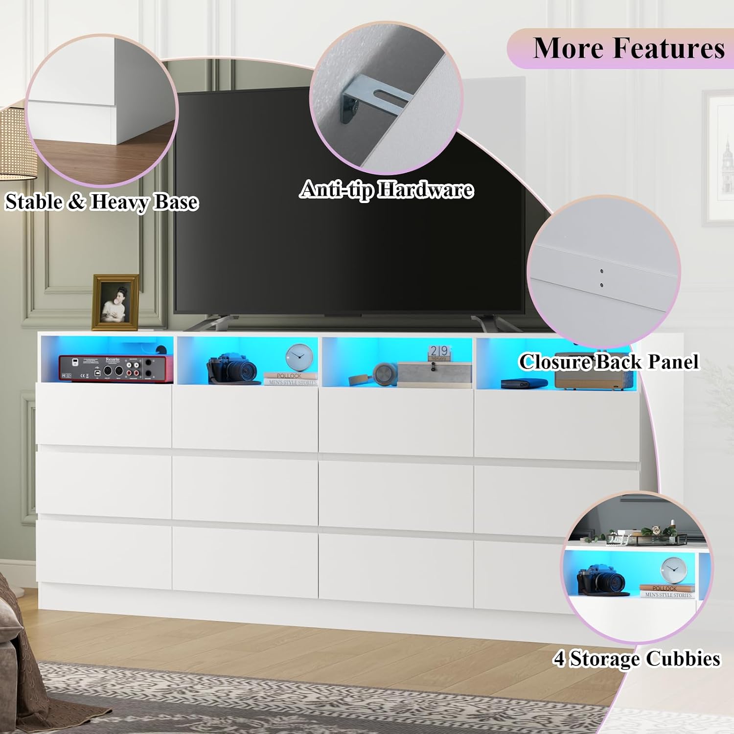 Gyfimoie 6-Drawer Dresser with Divided Compartments, Charging Station & LED Lights, 63" Wide TV Stand for TVs up to 75", Large Organizer with 4 Open Cubbies (White, 6 Drawers)