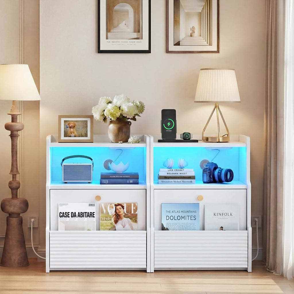 Fluted Nightstand with Charging Station, Modern Bedside Table with LED Lights & Drawers, End Table with Open Compartment for Bedroom, White