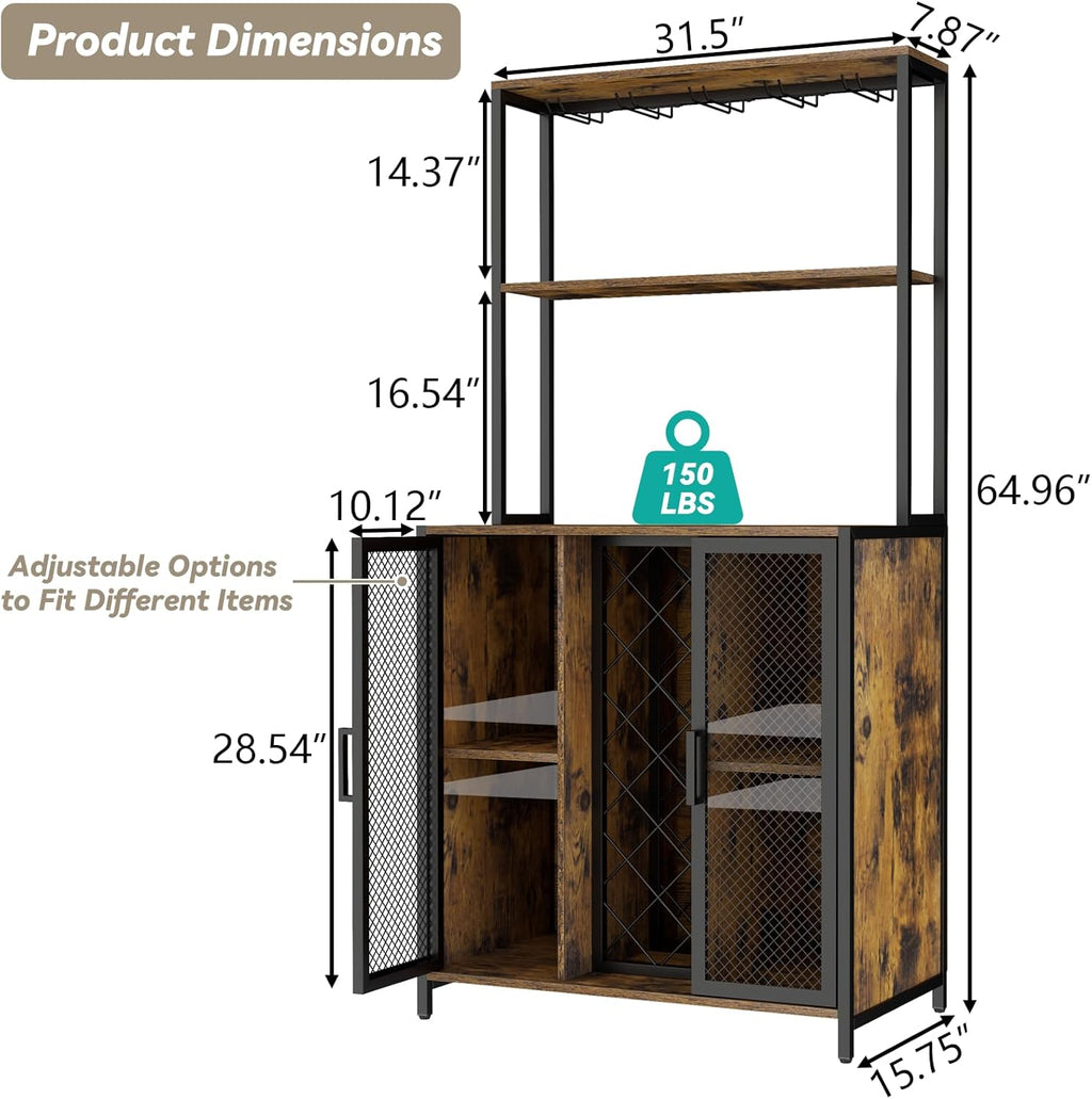 Loomie Wine Bar Cabinet with LED Lights, 5-Tier Industrial Coffee Bar, Buffet Sideboard with Adjustable Shelves, Kitchen Bar Table with Wine Rack Storage and Glass Slots for Liquor and Glasses,Rustic