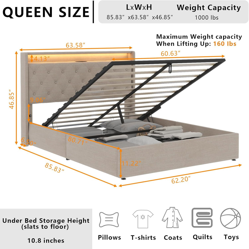 Queen Lift Up Storage Bed Frame w/Charging Station & LED Lights,Beige