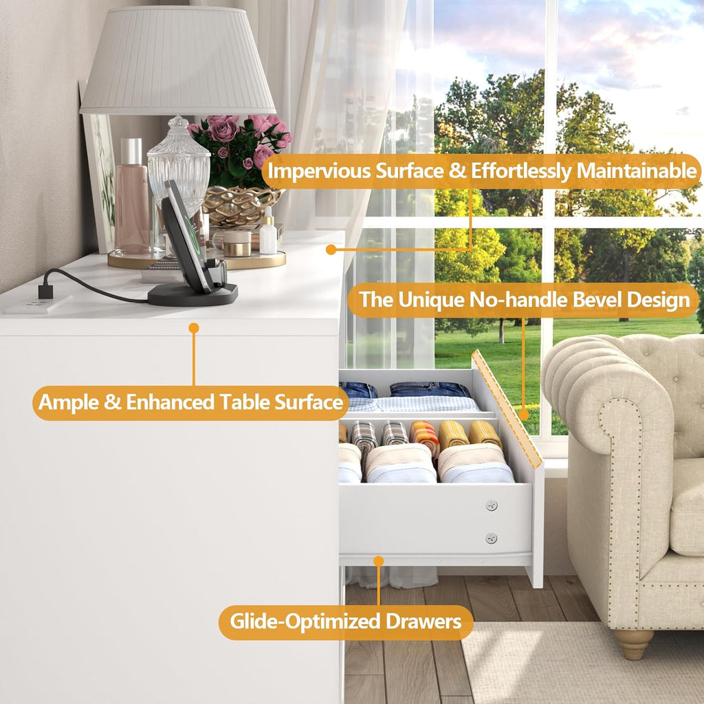 Loomie 6 Drawers Dresser with 6 Open Storage Cubbies, LED Dressers & Chests of Drawers with Power Outlet, 55" Wide Long Dresser for Bedroom, TV Stand with Open Shelf (White)