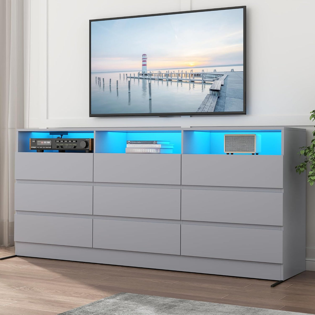 63"Wide 9 Drawer Dresser for Bedroom with LED Lights & Power Outlet