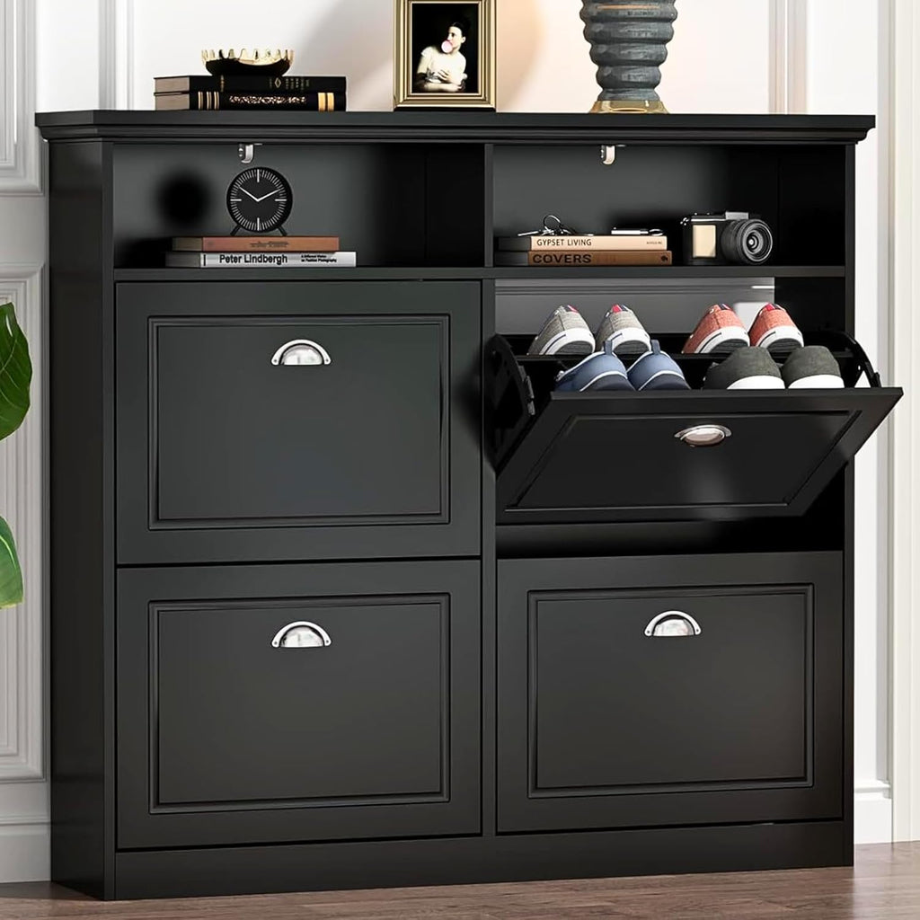 Loomie Shoe Cabinet with 4 Flip Drawers, Freestanding Shoe Storage Cabinet with Open Shelves, Hidden Slim Narrow Shoe Rack Cabinet, Shoe Organizer for Entryway, Foyer, Hallway (Black)