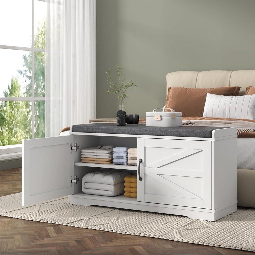 Loomie Shoe Storage Bench, 2-Tier Farmhouse Entryway Bench with Padded Seat Cushion, 13.78" D x 39.37" W x 19.69" H, Slim Shoe Cabinet Bench for Entryway, Living Room, Bedroom (White)