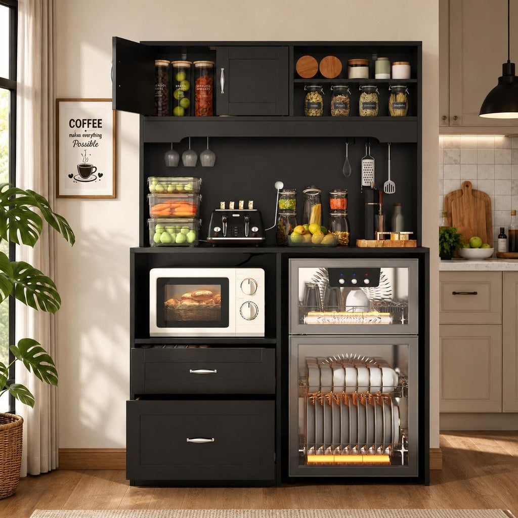 Kitchen Pantry Cabinet with Power, Kitchen Hutch with Fridge Space & Drawer