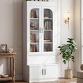Fluted 4-Tier Bookcase with Seating, Glass Doors & Top Storage Shelf, 78.7" Tall Bookshelf with Drawer & Bottom Cabinet, Modern Display Cabinet Book Shelf for Living Room, Study & Home Office (White)