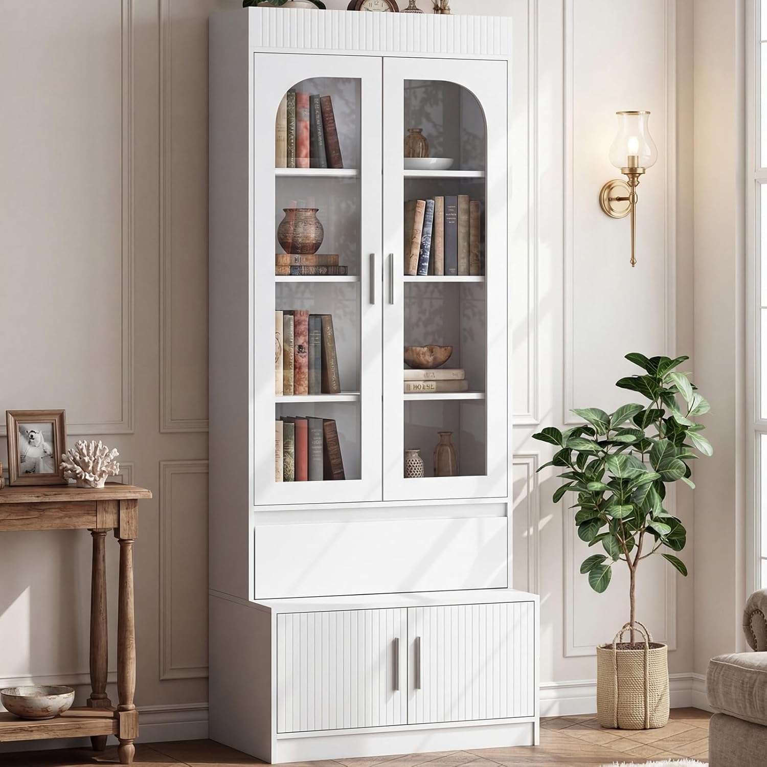 Fluted 4-Tier Bookcase with Seating, Glass Doors & Top Storage Shelf, 78.7" Tall Bookshelf with Drawer & Bottom Cabinet, Modern Display Cabinet Book Shelf for Living Room, Study & Home Office (White)