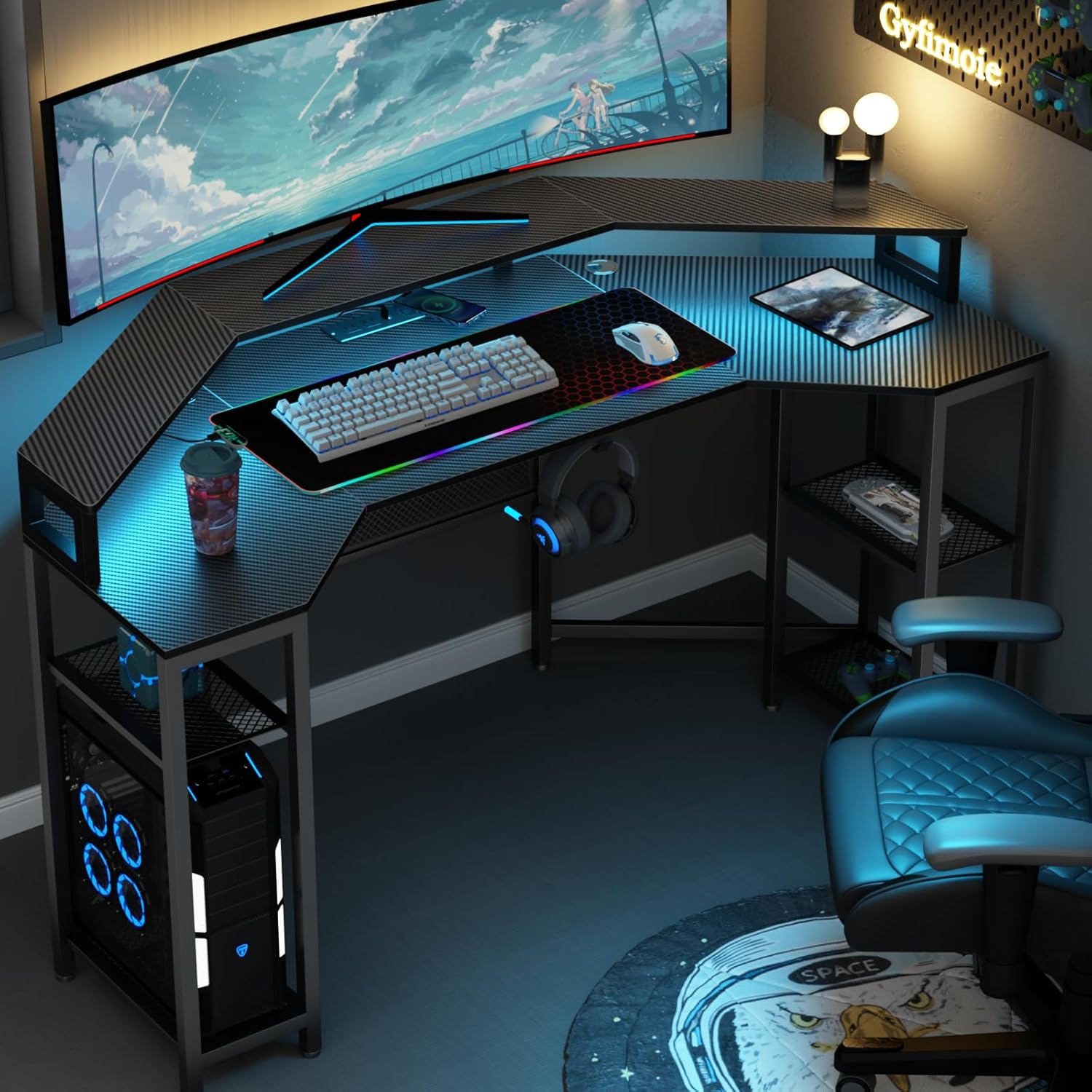 Loomie Computer Desk with Power Outlet & Led Light, 63" Large Wing-Shaped Gaming Desk with Full Monitor Stand, Wireless Charging, RGB Mouse Pad,Headphone Hook,Studio Desk with Storage Shelf for Live