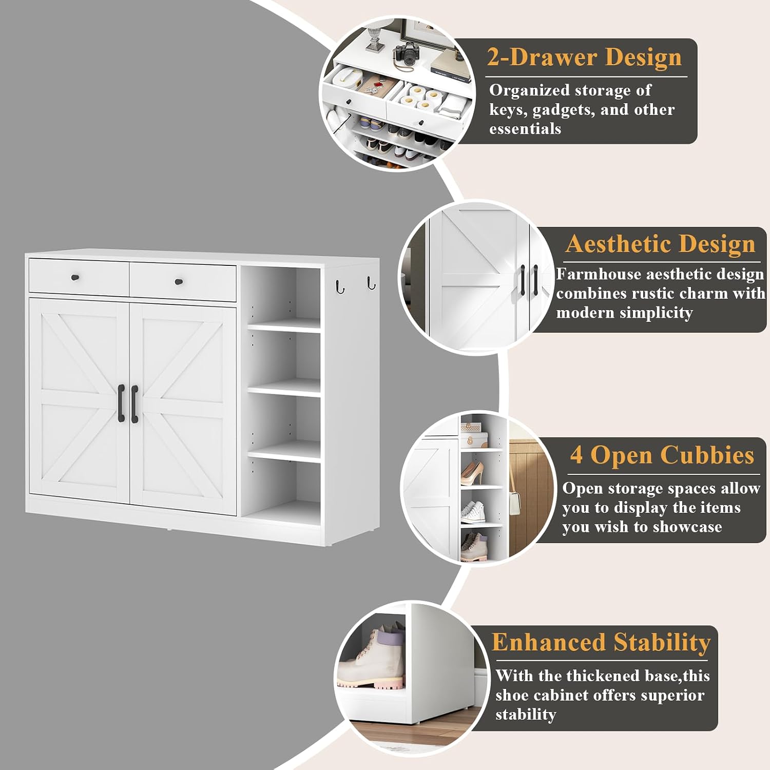 Loomie 5-Tier Shoe Cabinet with 4 Side Cubbies, Farmhouse Shoe Rack Cabinet with 6 Adjustable Shelves & 2 Drawers, Freestanding Shoe Storage Cabinet with 4 Brackets & 2 Hooks for Entryway (White)