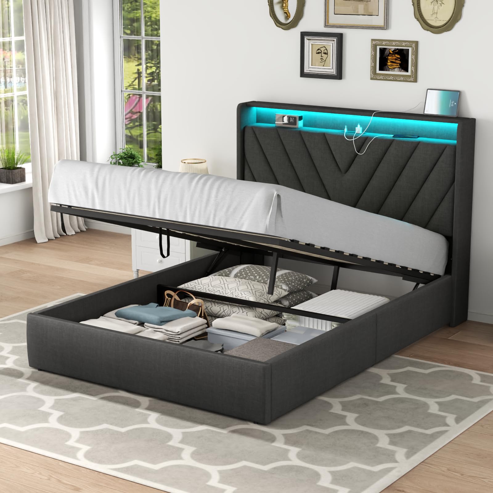 Loomie Queen Lift Up Bed Frame with Charging Station & LED Lights, Upholstered Bed with Button Tufted Wingback Storage Headboard, Hydraulic Storage, No Box Spring Needed, Wood Slats Support,Dark Grey