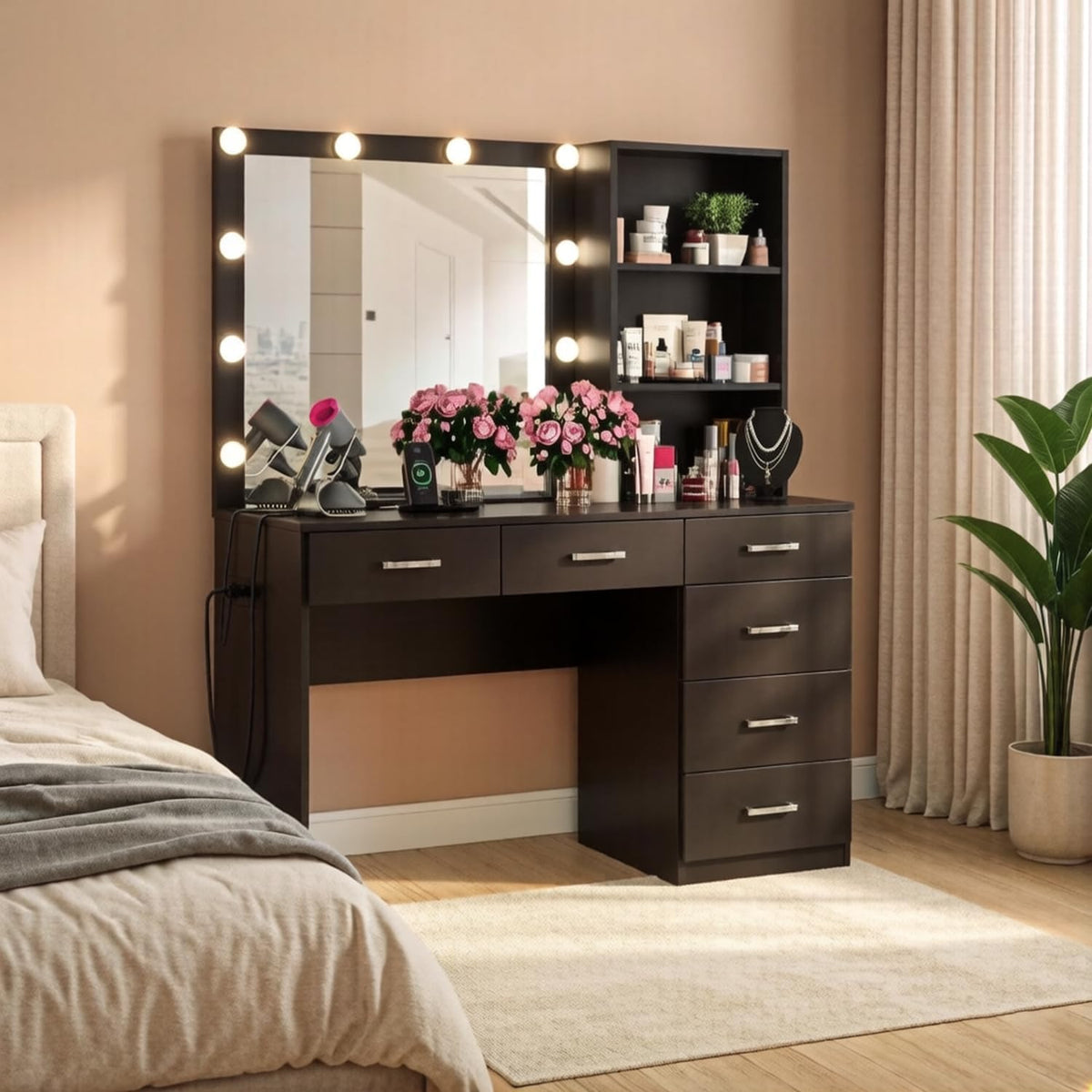 Gyfimoie Black Vanity with Lighted Mirror, 39" Makeup Vanity Desk with 10 Light Bulbs & Power Outlets, 6-Drawer & 3-Storage Shelf Dressing Table for Women Girls Bedroom (Black, 39.4 Inches)