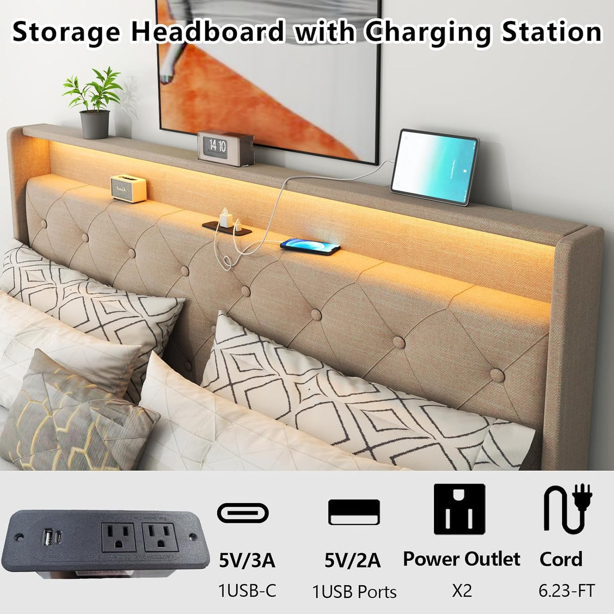 Queen Lift Up Storage Bed Frame w/Charging Station & LED Lights,Beige